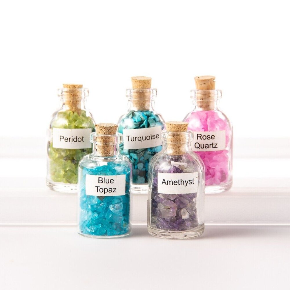 5 Tumbled Gem Chip Mini Gemstone Bottles Rock Gem Crystal Specimen Rose Quartz